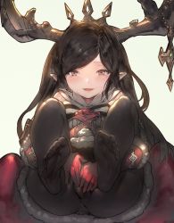 Rule 34 | 10s, 1girl, aos, arulumaya, black hair, black pantyhose, blush, brown eyes, covering privates, covering crotch, fake horns, feet, foot focus, granblue fantasy, harvin, horns, long hair, looking at viewer, mole, mole under eye, no shoes, open mouth, pantyhose, pointy ears, smile, soles, solo, toes