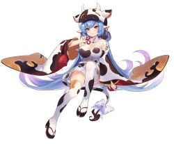 Rule 34 | 1girl, animal costume, animal ears, animal print, blue hair, blush, breasts, catura (granblue fantasy), cow costume, cow ears, cow girl, cow hood, cow horns, cow print, cow tail, draph, ear piercing, granblue fantasy, highres, horns, large breasts, looking at viewer, micro shorts, open mouth, piercing, print thighhighs, red eyes, ribbon, sandals, see-through, sharlorc, shorts, sitting, solo, tail, tail ornament, tail ribbon, thick eyebrows, thighhighs, white shorts, white thighhighs, wide sleeves