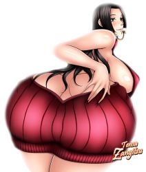 Rule 34 | 1girl, ass, back, bent over, black hair, blue eyes, blush, boa hancock, breasts, butt crack, dress, earrings, female focus, highres, huge ass, huge breasts, jewelry, long hair, looking at viewer, looking back, meme attire, naked sweater, one piece, sideboob, smile, solo, sweater, sweater dress, thighs, virgin killer sweater, white background, wide hips