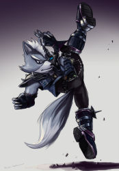 Rule 34 | 1boy, armor, black eyes, furry, furry male, gloves, kicking, male focus, nintendo, solo, star fox, tail, white hair, wolf o&#039;donnell