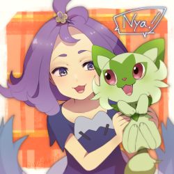 Rule 34 | 1girl, :d, acerola (pokemon), blue dress, commentary request, creatures (company), dress, flipped hair, fuu (yukisou27), game freak, grey dress, grey eyes, hair ornament, hairclip, hands up, highres, holding, holding pokemon, medium hair, multicolored clothes, multicolored dress, nintendo, open mouth, pokemon, pokemon (creature), pokemon sm, purple hair, smile, sprigatito, stitches, tongue, topknot, torn clothes, torn dress, twitter username