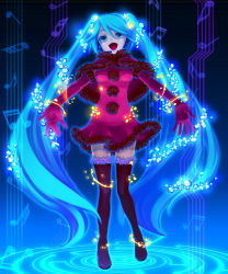 Rule 34 | 1girl, aqua eyes, aqua hair, boots, capelet, christmas, elbow gloves, gloves, glowing, hatsune miku, hisa (cuxxhisa), legs, long hair, musical note, open mouth, santa boots, santa costume, solo, thigh boots, thighhighs, twintails, very long hair, vocaloid, zettai ryouiki