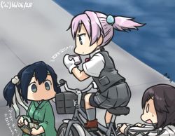 Rule 34 | 10s, 3girls, bicycle, bicycle basket, blank eyes, blouse, blue eyes, blue hair, brown hair, cellphone, commentary, dated, empty eyes, gloves, green eyes, hair bobbles, hair ornament, hair ribbon, hamu koutarou, hayasui (kancolle), headband, jacket, japanese clothes, kantai collection, kimono, multiple girls, neck ribbon, phone, pleated skirt, ponytail, purple hair, red ribbon, ribbon, riding, shiranui (kancolle), shirt, short hair, short ponytail, skirt, smartphone, solid oval eyes, souryuu (kancolle), track jacket, translated, twintails, vest, white gloves, white shirt