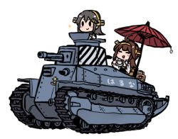 Rule 34 | 2girls, ahoge, brown hair, character name, chibi, closed eyes, cup, double bun, grey hair, hair bun, hair ornament, hairclip, haruna (kancolle), headgear, holding, holding cup, holding saucer, kantai collection, kongou (kancolle), long hair, military, military vehicle, motor vehicle, multiple girls, nontraditional miko, oil-paper umbrella, picnic basket, saucer, simple background, sparkle, tank, teacup, terrajin, type 89 i-gou, umbrella, white background