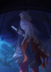 Rule 34 | 1boy, blonde hair, cape, forked eyebrows, from below, grey jacket, grey pants, highres, holding, holding sheath, indoors, jacket, katana, kimetsu no yaiba, long hair, long sleeves, looking at viewer, looking down, looking to the side, male focus, multicolored hair, night, pants, profile, red hair, remsor076, rengoku kyoujurou, sheath, sheathed, solo, sword, two-tone hair, weapon, white cape, yellow eyes