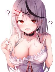 Rule 34 | 1girl, :d, ?, @ @, bare arms, bare shoulders, black collar, black hair, braid, breasts, cleavage, collar, earrings, fang, grey hair, hair ornament, hairclip, heart collar, highres, hololive, hypnosis, jewelry, large breasts, looking at viewer, mind control, multicolored hair, open mouth, red eyes, sakamata chloe, shirt, shishou (doragyurosu), simple background, skin fang, smile, solo, strap lift, streaked hair, upper body, virtual youtuber, white background, white shirt, x hair ornament