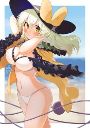 Rule 34 | 1girl, absurdres, bikini, black hat, blue sky, blurry, blurry background, blush, bow, breasts, cleavage, closed mouth, commentary request, frills, green eyes, groin, hat, hat bow, highres, horizon, komeiji koishi, large breasts, light green hair, long hair, navel, ocean, outdoors, polyhedron2, signature, sky, solo, swimsuit, third eye, touhou, white bikini, yellow bow