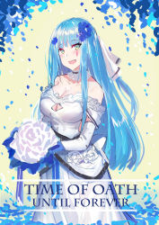 Rule 34 | 1girl, bare shoulders, blue hair, blush, bouquet, breasts, bridal veil, bride, cleavage, collarbone, dress, echj, floral background, flower, girls&#039; frontline, gloves, green eyes, hair flower, hair ornament, highres, hk416 (girls&#039; frontline), large breasts, long hair, looking at viewer, open mouth, simple background, smile, solo, veil, wedding, wedding dress, wreath