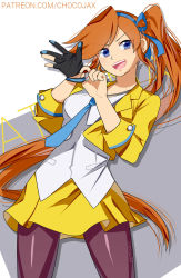 Rule 34 | 1girl, ace attorney, artist name, athena cykes, black gloves, blue eyes, blue necktie, character name, chocojax, cowboy shot, crescent, crescent earrings, earrings, gloves, hair ribbon, highres, jacket, jewelry, long hair, looking at viewer, necktie, open clothes, open jacket, open mouth, orange hair, pantyhose, partially fingerless gloves, patreon username, ribbon, shirt, side ponytail, single earring, single glove, solo, teeth, upper teeth only, very long hair, white shirt, yellow jacket