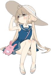 Rule 34 | 1girl, arm up, bare shoulders, between legs, blonde hair, blue dress, blue sailor collar, blush, brown eyes, closed mouth, dot nose, dress, flat chest, full body, futaba anzu, hair tie, hand between legs, hat, highres, idolmaster, idolmaster cinderella girls, idolmaster cinderella girls starlight stage, invisible chair, kirakira p cyan, long hair, looking at another, low twintails, sailor collar, sandals, simple background, sitting, sleeveless, sleeveless dress, solo, straw hat, stuffed animal, stuffed rabbit, stuffed toy, twintails, very long hair, white background, white footwear