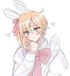 Rule 34 | 1boy, androgynous, blonde hair, bow, ensemble stars!, hair bow, head rest, head tilt, heart, highres, looking at viewer, male focus, miming0 0, nito nazuna, pink bow, red bow, red eyes, shirt, short hair with long locks, simple background, sketch, solo, white background, white shirt