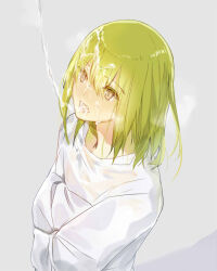Rule 34 | 1other, androgynous, blush, crossed arms, enkidu (fate), expressionless, eyes visible through hair, fate/grand order, fate (series), green hair, grey background, hair between eyes, long hair, long sleeves, looking up, lower teeth only, open mouth, other focus, pouring, red eyes, robe, shadow, simple background, solo, steam, straight hair, suggestive fluid, teeth, tongue, upper body, wet, wet clothes, wet hair, white robe