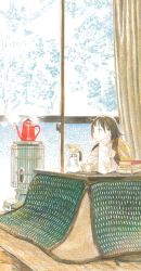 Rule 34 | 1girl, absurdres, arm rest, bare tree, blunt bangs, bob cut, book, book stack, brown eyes, brown hair, clenched hand, coffee filter, coffee maker, coffee pot, colored pencil (medium), crossed arms, cup, curtains, d:, elbow rest, from side, fuyuno kamome, glass door, hair behind ear, hanten (clothes), head rest, heater, highres, indoors, kerosene heater, kotatsu, long sleeves, looking away, open mouth, original, parted lips, rug, scenery, short hair, sleeves past wrists, sliding doors, solo, steam, sweater, table, tareme, teacup, traditional media, tree, under kotatsu, under table, white sweater, winter, wooden floor