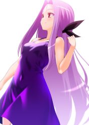 Rule 34 | 1girl, bare shoulders, breasts, covered navel, dress, engo (aquawatery), forehead, highres, long hair, lutecia alpine, lyrical nanoha, parted bangs, purple hair, red eyes, sidelocks, small breasts, smile