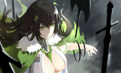 Rule 34 | 1girl, axe, black hair, breasts, cape, cleavage, diamond-shaped pupils, diamond (shape), diamond pupils, fur trim, green cape, hair ornament, hairclip, jewelry, large breasts, long hair, looking to the side, mole, mole under eye, narcolepsy-1900, pixiv fantasia, pixiv fantasia revenge of the darkness, planted, planted sword, planted weapon, ring, smile, solo, standing, sword, symbol-shaped pupils, upper body, weapon