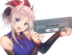 Rule 34 | 1girl, bad id, bad twitter id, bare shoulders, blue eyes, detached sleeves, fate/grand order, fate (series), gameplay mechanics, hair ribbon, japanese clothes, miyamoto musashi (fate), miyamoto musashi (first ascension) (fate), open mouth, ponytail, ribbon, silver hair, simple background, solo, white background, yomo (majidon)