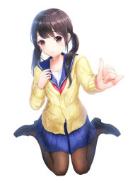 Rule 34 | 1girl, bad id, bad pixiv id, black footwear, black hair, black pantyhose, blue sailor collar, blue skirt, cardigan, closed mouth, collarbone, commentary request, foreshortening, full body, hand up, loafers, long hair, long sleeves, looking at viewer, lunacle, miniskirt, original, outstretched arm, pantyhose, pinky out, pleated skirt, red eyes, red neckwear, sailor collar, school uniform, shirt, shoes, sidelocks, simple background, sitting, skirt, solo, twintails, wariza, white background, white shirt