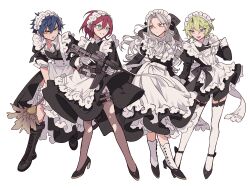 Rule 34 | 4boys, absurdres, alternate costume, apron, assault rifle, black dress, black footwear, blue eyes, blue hair, boots, closed mouth, collared dress, crossdressing, dress, eden (ensemble stars!), enmaided, ensemble stars!, frilled apron, frills, full body, glasses, gloves, green hair, grey hair, gun, hair between eyes, hand up, high heels, highres, holding, holding gun, holding weapon, juliet sleeves, knee boots, long hair, long sleeves, looking at another, maid, maid apron, maid headdress, male focus, male maid, meremero, multiple boys, open mouth, pantyhose, puffy sleeves, purple eyes, ran nagisa, red eyes, red hair, rifle, saegusa ibara, sazanami jun, short hair, simple background, smile, standing, thigh strap, thighhighs, tomoe hiyori, torn clothes, torn pantyhose, waist apron, weapon, white apron, white background, white gloves, white thighhighs, yellow eyes