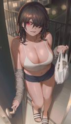 Rule 34 | 1girl, absurdres, bad leg, bag, bare shoulders, beer can, black hair, black shorts, blush, breasts, can, cleavage, collarbone, commentary, crop top, door, door handle, doorway, drink can, english commentary, free style (yohan1754), hair over one eye, highres, holding, holding bag, large breasts, long hair, looking at viewer, navel, off shoulder, one eye covered, original, parted lips, pov doorway, red eyes, sandals, short shorts, shorts, sideboob, smile, thighs, toes
