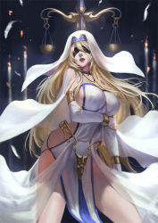 Rule 34 | 1girl, arm under breasts, armlet, black blindfold, blindfold, blonde hair, bracelet, breasts, candle, commentary request, dress, falling feathers, feathers, fire, goblin slayer!, headdress, jewelry, large breasts, long hair, necklace, parted lips, pelvic curtain, phamoz, sideboob, solo, standing, sword maiden, thighs, weighing scale, white dress