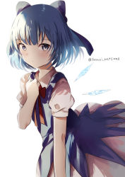 Rule 34 | 1girl, bad id, bad pixiv id, blue bow, blue dress, blue eyes, blue hair, bow, cirno, closed mouth, collared shirt, dress, fairy, hair bow, highres, looking at viewer, natsume suzuri, pinafore dress, shirt, short hair, short sleeves, simple background, sleeveless dress, solo, touhou, twitter username, white background, white shirt