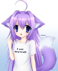 1girl ahoge animal_ear_fluff animal_ears artist_name blue_eyes clothes_writing commentary english_commentary english_text flat_chest fox_ears fox_girl fox_tail hair_between_eyes hair_intakes hand_up highres kigidere long_hair looking_at_viewer open_mouth original purple_hair shirt short_sleeves smile solo t-shirt tail tail_raised upper_body very_long_hair white_shirt