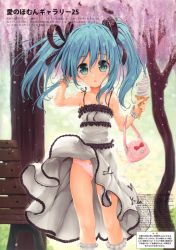 Rule 34 | 1girl, absurdres, adjusting hair, ai shite! homun, arm up, bag, bench, blue hair, blush, bow, bow panties, dress, endou hiroto, food, green eyes, handbag, highres, ice cream, ice cream cone, looking at viewer, open mouth, original, outdoors, panties, pink panties, soft serve, solo, tenjouin miruku, tree, twintails, underwear, wind, wind lift