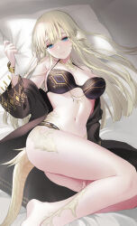 Rule 34 | 1girl, au ra, bare legs, bare shoulders, between legs, black bra, black jacket, black panties, blonde hair, blue eyes, blush, bra, bracelet, breasts, closed mouth, collarbone, commentary request, commission, final fantasy, final fantasy xiv, hair between eyes, hand between legs, holding, holding pillow, horns, jacket, jewelry, kurosawa itsuki, long hair, looking at viewer, lying, medium breasts, navel, on bed, on side, open clothes, open jacket, paid reward available, panties, pillow, scales, skeb commission, solo, stomach, tail, underwear, warrior of light (ff14), wide sleeves