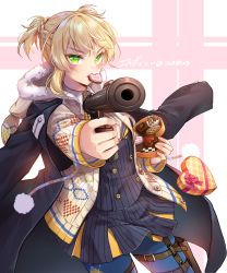 Rule 34 | 1girl, alternate costume, black coat, blonde hair, blue pantyhose, blush, bolt action, bow, box, braid, buttons, candy, chocolate, chocolate heart, coat, double-breasted, finger on trigger, food, food in mouth, girls&#039; frontline, green eyes, gun, handgun, heart, heart-shaped box, holding, holster, ika (4801055), integral suppressor, integrally-suppressed firearm, jacket, looking at viewer, manual firearm, open clothes, open jacket, open mouth, pantyhose, pointing weapon, red bow, red ribbon, ribbon, shirt, short hair, signature, skirt, solo, suppressor, thigh holster, twintails, twitter username, valentine, weapon, welrod, welrod mk ii, welrod mkii (girls&#039; frontline)