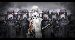 Rule 34 | 6+girls, absurdres, ange-yi, black hair, bracelet, brown eyes, empty eyes, expressionless, eyepatch, facial mark, female focus, girls&#039; frontline, grey background, grey eyes, headgear, highres, jewelry, joints, letterboxed, lineup, long hair, looking at viewer, mechanical arms, multiple girls, nyto (generic) (girls&#039; frontline), nyto (girls&#039; frontline), alina (girls&#039; frontline), pale skin, paradeus, robe, robot joints, single mechanical arm, smile, standing, translation request, white hair