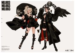 Rule 34 | 2girls, absurdres, black dress, black footwear, black hair, black legwear, black wings, blonde hair, boots, breasts, cape, chain, cleavage, dress, earrings, feathered wings, full body, gloves, hammer, highres, holding, jewelry, knee pads, looking at viewer, multiple girls, necklace, original, smoking pipe, ponytail, rcyang0525, red eyes, short hair, thighhighs, toenails, weapon, wings, yellow eyes