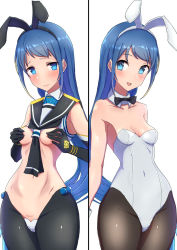 Rule 34 | 1girl, alternate costume, animal ears, black pantyhose, blue eyes, blue hair, blush, breasts, cleavage, closed mouth, comala (komma la), covering privates, covering breasts, detached collar, elbow gloves, fake animal ears, gloves, heart pasties, highres, kantai collection, leotard, long hair, maebari, medium breasts, meme attire, multiple views, open mouth, pantyhose, pasties, playboy bunny, rabbit ears, reverse bunnysuit, reverse outfit, sailor collar, samidare (kancolle), sweat, white background, white leotard