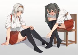 Rule 34 | 1boy, 2girls, admiral (kancolle), blush, breasts, brown eyes, grey hair, hairband, highres, kantai collection, long hair, looking at another, medium breasts, mini person, miniboy, multiple girls, okubyouha55, open mouth, red skirt, shadow, shoukaku (kancolle), size difference, skirt, thighhighs, twintails, white uniform, wooden chair, zuikaku (kancolle)