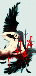 Rule 34 | 1boy, alucard (hellsing), black hair, black wings, blood, completely nude, fangs, feathered wings, hellsing, highres, long hair, male focus, navel, nude, open mouth, planted, planted sword, planted weapon, sitting, solo, sword, tongue, tongue out, toshimichi yukari, very long hair, weapon, wings