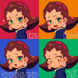 Rule 34 | 1girl, absurdres, blue background, blush stickers, brown hair, earrings, embarrassed, expression chart, green background, green eyes, highres, jewelry, looking at viewer, looking down, medium hair, mega man (series), mega man legends (series), multiple views, red background, servbot (mega man), skull earrings, smile, smug, tron bonne (mega man), upper body, yellow background, yodok