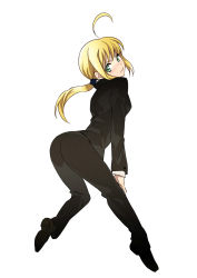 Rule 34 | 1girl, ahoge, artoria pendragon (all), artoria pendragon (fate), ass, bad id, bad pixiv id, blonde hair, blush, fate/stay night, fate/zero, fate (series), formal, green eyes, long hair, maccyman, pant suit, pants, ponytail, saber (fate), solo, suit