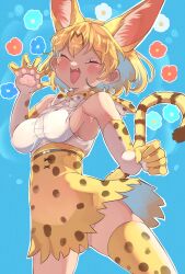 Rule 34 | 1girl, absurdres, animal ears, animal hands, bare shoulders, blonde hair, blush, bow, bowtie, cat ears, cat girl, cat tail, center frills, claw pose, closed eyes, extra ears, fang, frills, gloves, high-waist skirt, highres, kemono friends, open mouth, osnmykk, paw gloves, print bow, print bowtie, print gloves, print skirt, print thighhighs, serval (kemono friends), serval print, shirt, short hair, skirt, sleeveless, solo, tail, thighhighs, white gloves, white shirt, zettai ryouiki