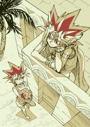 Rule 34 | 2boys, armlet, atem, basket, bracelet, cape, closed mouth, commentary request, dyed bangs, eye contact, from above, fushitasu, hair between eyes, holding, jewelry, looking at another, male focus, multiple boys, muto yugi, outdoors, red hair, smile, spiked hair, standing, sweatdrop, tree, yu-gi-oh!, yu-gi-oh! duel monsters