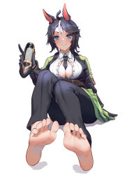 Rule 34 | 1girl, 1nature1, absurdres, ahoge, animal ears, arm support, barefoot, black footwear, black gloves, black hair, black jacket, black necktie, black pants, blue eyes, breasts, center frills, cleavage, closed mouth, collared shirt, cum, cum on clothes, ear ornament, ear piercing, feet, foot focus, frilled shirt, frills, fuji kiseki (umamusume), full body, gloves, hair between eyes, hand up, highres, holding, holding shoes, horse ears, horse girl, jacket, large breasts, long sleeves, looking at viewer, multicolored hair, necktie, open clothes, open jacket, pants, piercing, shadow, shirt, shoes, unworn shoes, short hair, sidelocks, simple background, sitting, smile, solo, umamusume, underbust, white background, white hair, white shirt
