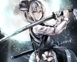 Rule 34 | 1girl, abstract background, bad id, bad pixiv id, cowboy shot, expressionless, fighting stance, flower, from side, grey eyes, hair between eyes, hair ribbon, holding, holding sword, holding weapon, jan (lightdragoon), katana, konpaku youmu, long sleeves, looking at viewer, muted color, ribbon, scabbard, sheath, sheathed, shirt, short hair, silver hair, skirt, skirt set, solo, sword, touhou, two-handed, vest, weapon
