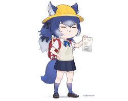 Rule 34 | 1girl, absurdres, animal ears, backpack, bag, beleven, blue hair, bow, bowtie, cardigan, dire wolf (kemono friends), extra ears, hat, highres, kemono friends, kemono friends v project, long hair, randoseru, ribbon, shirt, shoes, simple background, skirt, socks, solo, tail, twintails, virtual youtuber, wolf ears, wolf girl, wolf tail
