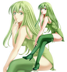 Rule 34 | 1girl, bare arms, bare shoulders, blush, boots, breasts, closed mouth, crossed legs, dress, finger to mouth, fire emblem, from side, full body, green dress, green eyes, green footwear, green hair, green ribbon, hand on own leg, headband, high heel boots, high heels, highres, invisible chair, leaning forward, lips, long hair, looking at viewer, looking to the side, medium breasts, nintendo, palla (fire emblem), ribbon, side slit, simple background, sitting, sleeveless, sleeveless dress, smile, solo, tamamon, thigh boots, thighhighs, very long hair, white background, zoom layer