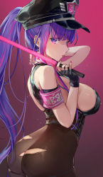 Rule 34 | 1girl, :p, ass, bb (fate), bb (fate/extra), black gloves, black hat, blunt bangs, breasts, brown pantyhose, commentary request, cosplay, duplicate, fate/grand order, fate (series), fingerless gloves, fingernails, gloves, gradient background, hat, highres, holding, large breasts, long hair, looking at viewer, nail polish, pantyhose, pink background, pink nails, ponytail, purple eyes, purple hair, sesshouin kiara (swimsuit mooncancer) (cosplay), sessyoin kiara, sessyoin kiara (swimsuit mooncancer), sessyoin kiara (swimsuit mooncancer) (second ascension), sideboob, solo, tongue, tongue out, torn clothes, torn pantyhose, vivi (eve no hakoniwa)