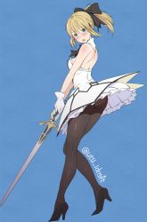 Rule 34 | 1girl, :o, aqua eyes, artoria pendragon (all), artoria pendragon (fate), ass, bare shoulders, black bow, black footwear, black neckwear, blonde hair, blue background, blush, bow, breasts, dress, fate (series), from side, full body, gloves, hair bow, high heels, highres, holding, holding sword, holding weapon, layered dress, long hair, looking at viewer, looking to the side, medium breasts, open mouth, panties, panties under pantyhose, pantyhose, pantyshot, ponytail, saber lily, sidelocks, simple background, skirt, solo, standing, sword, twitter username, two-handed, underwear, upskirt, utu (ldnsft), weapon, white gloves