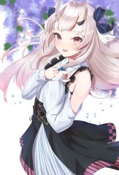 Rule 34 | 1girl, absurdres, blurry, corset, cowboy shot, depth of field, detached sleeves, falling petals, floral background, flower, grey hair, hair ribbon, hands on own chest, highres, hololive, horns, lilac, long hair, looking at viewer, multicolored hair, nakiri ayame, nakiri ayame (girly), oni, petals, red eyes, ribbon, ringopan, skin-covered horns, smile, solo, streaked hair, very long hair, virtual youtuber, white background