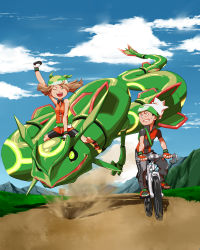 Rule 34 | 1boy, 1girl, arm up, backpack, bag, bandana, bicycle, bike shorts, black pants, black shorts, blue sky, breasts, brendan (pokemon), brown hair, clenched teeth, closed eyes, cloud, cloudy sky, collared dress, commentary request, creatures (company), donnpati, dress, fanny pack, fingerless gloves, game freak, gen 3 pokemon, gloves, green bandana, green eyes, hat, highres, legendary pokemon, looking at another, may (pokemon), mountain, nintendo, open mouth, orange dress, orange gloves, pants, path, pocket, pokemon, pokemon (creature), pokemon emerald, pokemon rse, rayquaza, riding, riding pokemon, road, shoes, short hair, short sleeves, shorts, shows, sign, sky, sleeveless, sleeveless dress, smile, sweatdrop, teeth, wing collar