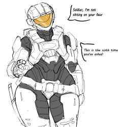 Rule 34 | 1girl, armor, facing viewer, grey background, halo (series), helmet, monochrome, original, pointing, pointing at viewer, power armor, simple background, solo, spartan (halo), spooky (dare to exist), spot color, thick thighs, thighs