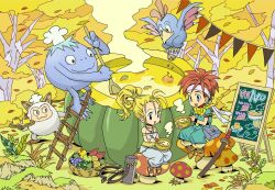 Rule 34 | 1boy, 1girl, belt, blonde hair, blue eyes, chef hat, choker, chrono trigger, crono (chrono trigger), food, fruit, full body, grapes, hat, headband, highres, jewelry, long hair, mai iwaizumi, marle (chrono trigger), monster, mushroom, necklace, nu (chrono trigger), open mouth, ponytail, pudding, red hair, smile, spiked hair, sword, tree, weapon