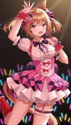 Rule 34 | 1girl, absurdres, animal ears, arm up, black bow, bow, brown hair, dress, frilled dress, frills, hair bow, highres, holding, holding microphone, horse ears, horse girl, horse tail, looking at viewer, microphone, open mouth, pink dress, red socks, sachiko nya, scrunchie, short hair, smart falcon (umamusume), smile, socks, solo, tail, twintails, umamusume, wrist scrunchie, yellow eyes