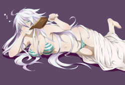 Rule 34 | 1girl, ahoge, arizuka (catacombe), arm support, barefoot, bikini, blue eyes, boned meat, breasts, eating, food, highres, large breasts, long hair, lying, meat, navel, on side, original, solo, striped bikini, striped clothes, swimsuit, very long hair, white hair